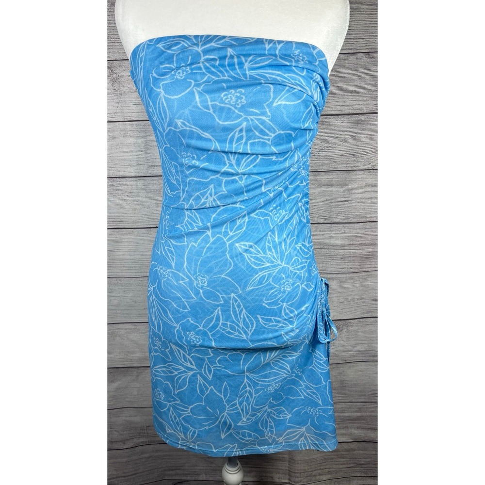 SHEIN Strapless Bodycon Knee Length Dress Women's M Blue White Floral Ruched